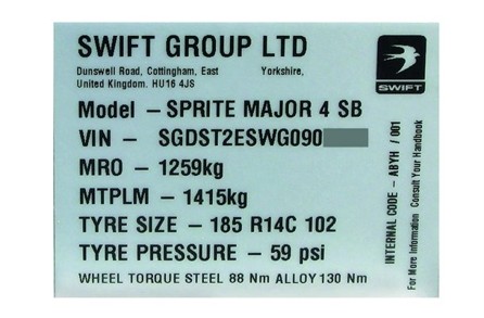 Caravan weight plate showing MRO and MTPLM